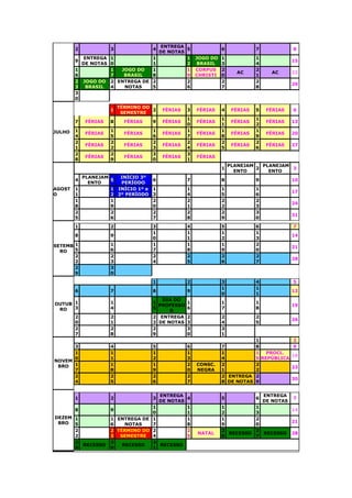 2 3 4
ENTREGA
DE NOTAS
5 6 7 8
9
ENTREGA
DE NOTAS
1
0
1
1
1
2
JOGO DO
BRASIL
1
3
1
4
15
1
6
1
7
JOGO DO
BRASIL
1
8
1
9
CORPUS
CHRISTI
2
0
AC
2
1
AC 22
2
3
JOGO DO
BRASIL
2
4
ENTREGA DE
NOTAS
2
5
2
6
2
7
2
8
29
3
0
JULHO
1
TÉRMINO DO
SEMESTRE
2 FÉRIAS 3 FÉRIAS 4 FÉRIAS 5 FÉRIAS 6
7 FÉRIAS 8 FÉRIAS 9 FÉRIAS
1
0
FÉRIAS
1
1
FÉRIAS
1
2
FÉRIAS 13
1
4
FÉRIAS
1
5
FÉRIAS
1
6
FÉRIAS
1
7
FÉRIAS
1
8
FÉRIAS
1
9
FÉRIAS 20
2
1
FÉRIAS
2
2
FÉRIAS
2
3
FÉRIAS
2
4
FÉRIAS
2
5
FÉRIAS
2
6
FÉRIAS 27
2
8
FÉRIAS
2
9
FÉRIAS
3
0
FÉRIAS
3
1
FÉRIAS
AGOST
O
1
PLANEJAM
ENTO
2
PLANEJAM
ENTO
3
4
PLANEJAM
ENTO
5
INÍCIO 3º
PERÍODO
6 7 8 9 10
1
1
1
2
INÍCIO 1º e
2º PERÍODO
1
3
1
4
1
5
1
6
17
1
8
1
9
2
0
2
1
2
2
2
3
24
2
5
2
6
2
7
2
8
2
9
3
0
31
SETEMB
RO
1 2 3 4 5 6 7
8 9
1
0
1
1
1
2
1
3
14
1
5
1
6
1
7
1
8
1
9
2
0
21
2
2
2
3
2
4
2
5
2
6
2
7
28
2
9
3
0
OUTUB
RO
1 2 3 4 5
6 7 8 9
1
0
1
1
12
1
3
1
4
1
5
DIA DO
PROFESSO
R
1
6
1
7
1
8
19
2
0
2
1
2
2
ENTREGA
DE NOTAS
2
3
2
4
2
5
26
2
7
2
8
2
9
3
0
3
1
NOVEM
BRO
1 2
3 4 5 6 7 8 9
1
0
1
1
1
2
1
3
1
4
1
5
PROCL.
REPÚBLICA
16
1
7
1
8
1
9
2
0
CONSC.
NEGRA
2
1
2
2
23
2
4
2
5
2
6
2
7
2
8
ENTREGA
DE NOTAS
2
9
30
DEZEM
BRO
1 2 3
ENTREGA
DE NOTAS
4 5 6
ENTREGA
DE NOTAS
7
8 9
1
0
1
1
1
2
1
3
14
1
5
1
6
ENTREGA DE
NOTAS
1
7
1
8
1
9
2
0
21
2
2
2
3
TÉRMINO DO
SEMESTRE
2
4
2
5
NATAL
2
6
RECESSO
2
7
RECESSO 28
2
9
RECESSO
3
0
RECESSO
3
1
RECESSO
JANEIR
 