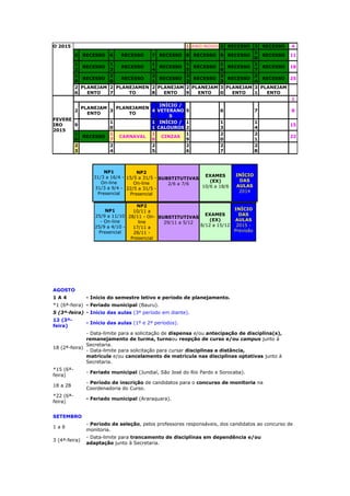 O 2015 1 ANO NOVO 2 RECESSO 3 RECESSO 4
5 RECESSO 6 RECESSO 7 RECESSO 8 RECESSO 9 RECESSO
1
0
RECESSO 11
1
2
RECESSO
1
3
RECESSO
1
4
RECESSO
1
5
RECESSO
1
6
RECESSO
1
7
RECESSO 18
1
9
RECESSO
2
0
RECESSO
2
1
RECESSO
2
2
RECESSO
2
3
RECESSO
2
4
RECESSO 25
2
6
PLANEJAM
ENTO
2
7
PLANEJAMEN
TO
2
8
PLANEJAM
ENTO
2
9
PLANEJAM
ENTO
3
0
PLANEJAM
ENTO
3
1
PLANEJAM
ENTO
FEVERE
IRO
2015
1
2
PLANEJAM
ENTO
3
PLANEJAMEN
TO
4
INÍCIO /
VETERANO
S
5 6 7 8
9
1
0
1
1
INÍCIO /
CALOUROS
1
2
1
3
1
4
15
1
6
RECESSO
1
7
CARNAVAL
1
8
CINZAS
1
9
2
0
2
1
22
2
3
2
4
2
5
2
6
2
7
2
8
NP1
31/3 a 16/4 -
On-line
31/3 a 9/4 -
Presencial
NP2
15/5 a 31/5 -
On-line
22/5 a 31/5 -
Presencial
SUBSTITUTIVAS
2/6 a 7/6
EXAMES
(EX)
10/6 a 18/6
INÍCIO
DAS
AULAS
2014
NP1
25/9 a 11/10
- On-line
25/9 a 4/10 -
Presencial
NP2
10/11 a
28/11 - On-
line
17/11 a
28/11 -
Presencial
SUBSTITUTIVAS
29/11 a 5/12
EXAMES
(EX)
8/12 a 15/12
INÍCIO
DAS
AULAS
2015 -
Previsão
AGOSTO
1 A 4 - Início do semestre letivo e período de planejamento.
*1 (6ª-feira) - Feriado municipal (Bauru).
5 (3ª-feira) - Início das aulas (3º período em diante).
12 (3ª-
feira)
- Início das aulas (1º e 2º períodos).
18 (2ª-feira)
- Data-limite para a solicitação de dispensa e/ou antecipação de disciplina(s),
remanejamento de turma, turnoou reopção de curso e/ou campus junto à
Secretaria.
- Data-limite para solicitação para cursar disciplinas a distância,
matrícula e/ou cancelamento de matrícula nas disciplinas optativas junto à
Secretaria.
*15 (6ª-
feira)
- Feriado municipal (Jundiaí, São José do Rio Pardo e Sorocaba).
18 a 28
- Período de inscrição de candidatos para o concurso de monitoria na
Coordenadoria do Curso.
*22 (6ª-
feira)
- Feriado municipal (Araraquara).
SETEMBRO
1 a 6
- Período de seleção, pelos professores responsáveis, dos candidatos ao concurso de
monitoria.
3 (4ª-feira)
- Data-limite para trancamento de disciplinas em dependência e/ou
adaptação junto à Secretaria.
 