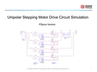 Unipolar Stepping Motor Drive Circuit Simulation
                                                          PSpice Version

                                                                                      VCC                 VCC                             VCC   VCC
       CLK
                                                                                 D1                                                                   Vcc
            R1                                   U9                          DIODE                                                                    12
                     CLK
            1k                        FA                                       S1                 A             A                   B
                           FA
                                                                              +   +

        0                                                              U5
                                                                              -   -         RON = {RON}         Acom                Bcom          0
                           /FA                                                S
                                                 AND              REF
                                                            +                                 0                 /A                   /B
                           /FB
                                                             -     +
                                                                   -                                                   U1
                                                                                                                       UNI-POLAR_STEP_MOTR
                           FB                                      FB.
                                                                                      VCC                              L = 2.5M
                                                            HY S_I-CTRL                                                R = 4.2
                 U10                                       VHY S = {VHY S}      D2
                 1-PHASE                         U8        I_SET = {I_SET}   DIODE
                 PPS = 100            /FA                                       S2                /A
                                                                              +   +
                                                                              -   -
                                                                       U4                   RON = {RON}
                                                                              S
                                                 AND              REF
                                                            +                                 0
                                                             -     +
                                                                   -


                                                                   FB.
                                                                                      VCC
                                                            HY S_I-CTRL
                                                           VHY S = {VHY S}      D3
                                                 U7        I_SET = {I_SET}   DIODE
                                      /FB                                       S3                /B
                                                                              +   +
                                                                              -   -
                                                                       U3                   RON = {RON}
                                                                              S
                                                 AND              REF
                                                            +                                 0
                                                             -     +
                                                                   -


                                                                   FB.
                                                                                      VCC
                                                            HY S_I-CTRL
                                                           VHY S = {VHY S}      D4
                                                 U6        I_SET = {I_SET}   DIODE
                                      FB                                        S4                B
                                                                              +   +

                                                                       U2
                                                                              -   -         RON = {RON}
                                                                              S
                                                 AND              REF
                                                            +                                 0
                                                             -     +
                                                                   -


                                                                   FB.
                                                            HY S_I-CTRL
                                                           VHY S = {VHY S}
                                            PARAMETERS:    I_SET = {I_SET}        PARAMETERS:
                                            I_SET = 0.5                           RON = 10m
                                            VHY S = 0.1




                                 All Rights Reserved Copyright (C) Bee Technologies Corporation 2011                                                        1
 