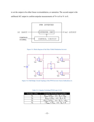 - 12 -
to set the output to be either linear overmodulation, or saturation. The second output is the
unfiltered AC output to confirm unipolar measurements of V+ to 0 or V- to 0.
Figure 3-1: Block diagram of the Pulse Width Modulation Inverter.
Figure 3-2: Full Bridge Circuit Topology of the PWM inverter Source Indications [1]
Table 3-1: Unipolar Switching PWM Logic [1] [4]
Switches [On] Unipolar Switching Logarithm
S1 ܸௌ௜௡௘ ൒ ்ܸ௥௜ ൌ൐ ܸ஺ ൌ ܸ஽஼
S2 ܸௌ௜௡௘ ൏ ்ܸ௥௜ ൌ൐ ܸ஺ ൌ 0
S3 െܸௌ௜௡௘ ൒ ்ܸ௥௜ ൌ൐ ܸ஻ ൌ െܸ஽஼
S4 െܸௌ௜௡௘ ൏ ்ܸ௥௜ ൌ൐ ܸ஻ ൌ 0
 