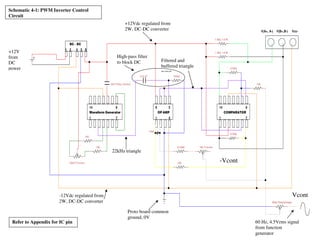 17
14
1
8
7
1
DC - DC
Waveform Generator OP AMP
1 4
58
COMPARATOR
1 7
814
2 4 5 6
V(A+, A-) V(B+,B-) Vcc-
1k
1k
..
500 Trimmer
16nF (Freq. Control)
0.01uF 100k
10k
9.53k
1k
270k
1k Trimmer
1k
1.5k , 1/2 W
1.5k , 1/2 W
270k
500 Potentiometer
+12Vdc regulated from
2W, DC-DC converter
-12Vdc regulated from
2W, DC-DC converter
Proto board common
ground, 0V
60 Hz, 4.5Vrms signal
from function
generator
22kHz triangle
wave
-Vcont
Vcont
Filtered and
buffered triangle
wave
Refer to Appendix for IC pin
configurations
+12V
from
DC
power
High-pass filter
to block DC
Schematic 4-1: PWM Inverter Control
Circuit
 