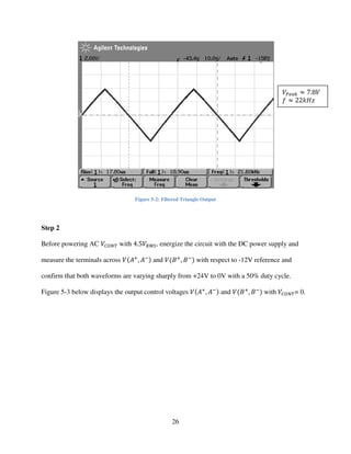 26
Figure 5-2: Filtered Triangle Output
Step 2
Before powering AC ܸ஼ைே் with 4.5ܸோெௌ, energize the circuit with the DC power supply and
measure the terminals across ܸሺ‫ܣ‬ା
, ‫ܣ‬ିሻ and ܸሺ‫ܤ‬ା
, ‫ܤ‬ି
ሻ with respect to -12V reference and
confirm that both waveforms are varying sharply from +24V to 0V with a 50% duty cycle.
Figure 5-3 below displays the output control voltages ܸሺ‫ܣ‬ା
, ‫ܣ‬ିሻ and ܸሺ‫ܤ‬ା
, ‫ܤ‬ି
ሻ with ܸ஼ைே்= 0.
ܸ௉௘௔௞ ൎ 7.8ܸ
݂ ൎ 22݇‫ݖܪ‬
 