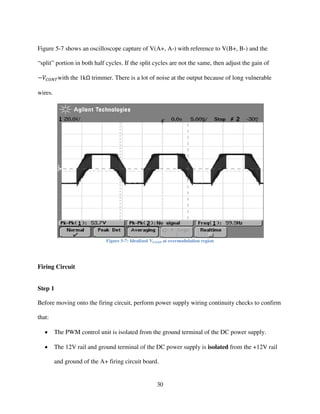 30
Figure 5-7 shows an oscilloscope capture of V(A+, A-) with reference to V(B+, B-) and the
“split” portion in both half cycles. If the split cycles are not the same, then adjust the gain of
െܸ஼ைே்with the 1kΩ trimmer. There is a lot of noise at the output because of long vulnerable
wires.
Figure 5-7: Idealized VLOAD at overmodulation region
Firing Circuit
Step 1
Before moving onto the firing circuit, perform power supply wiring continuity checks to confirm
that:
• The PWM control unit is isolated from the ground terminal of the DC power supply.
• The 12V rail and ground terminal of the DC power supply is isolated from the +12V rail
and ground of the A+ firing circuit board.
 