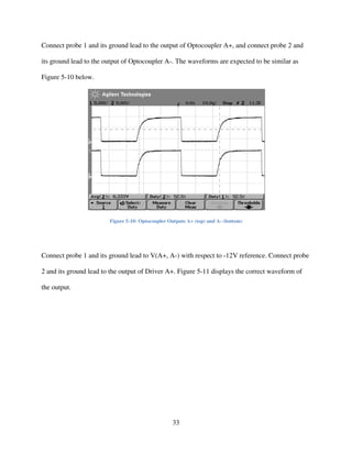 33
Connect probe 1 and its ground lead to the output of Optocoupler A+, and connect probe 2 and
its ground lead to the output of Optocoupler A-. The waveforms are expected to be similar as
Figure 5-10 below.
Figure 5-10: Optocoupler Outputs A+ (top) and A- (bottom)
Connect probe 1 and its ground lead to V(A+, A-) with respect to -12V reference. Connect probe
2 and its ground lead to the output of Driver A+. Figure 5-11 displays the correct waveform of
the output.
 