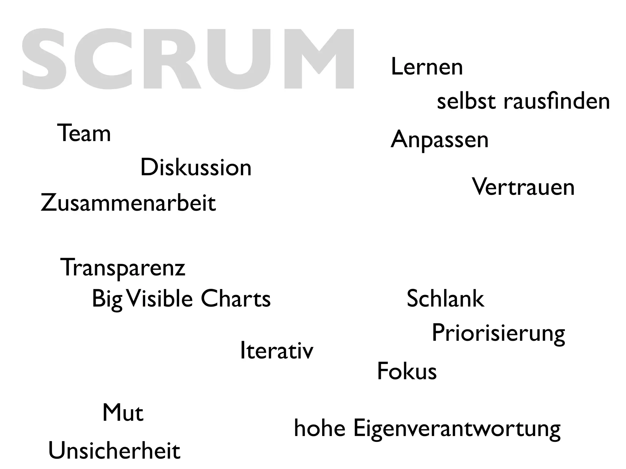SCRUM                            Lernen
                                     selbst rausﬁnden
 Team                            Anpassen
       Diskussion
                                        Vertrauen
Zusammenarbeit

 Transparenz
    Big Visible Charts            Schlank
                                    Priorisierung
                  Iterativ
                                Fokus
     Mut
                         hohe Eigenverantwortung
Unsicherheit
 