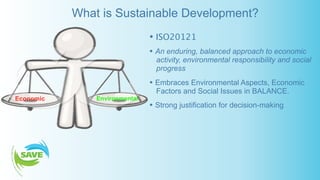 What is Sustainable Development?
                               • ISO20121
                               •
An enduring, balanced approach to economic
                                 activity, environmental responsibility and social
                                 progress
                               •
Embraces Environmental Aspects, Economic
                                 Factors and Social Issues in BALANCE.
Economic       Environmental
                               •
Strong justification for decision-making
 