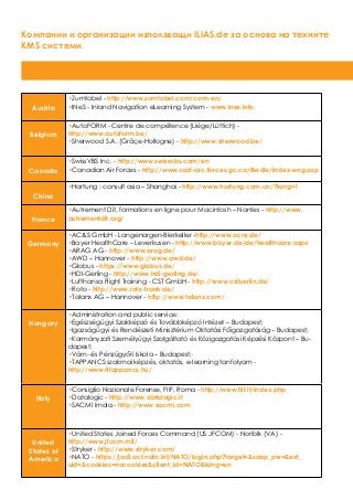 Austria
•Zumtobel - http://www.zumtobel.com/com-en/
•INeS - Inland Navigation eLearning System - www.ines.info
Belgium
•AutoFORM - Centre de compétence (Liége/Lüttich) -
http://www.autoform.be/
•Sherwood S.A. (Grâçe-Hollogne) - http://www.sherwood.be/
Canada
•SwissVBS Inc. - http://www.swissvbs.com/en
•Canadian Air Forces - http://www.rcaf-arc.forces.gc.ca/8w-8e/index-eng.asp
China
•Hartung : consult asia – Shanghai - http://www.hartung.com.cn/?lang=1
France
•Autrement Dit, formations en ligne pour Macintosh – Nantes - http://www.
autrementdit.org/
Germany
•AC&S GmbH - Langenargen-Bierkeller -http://www.acns.de/
•Bayer HealthCare – Leverkusen - http://www.bayer.de/de/healthcare.aspx
•ARAG AG - http://www.arag.de/
•AWD – Hannover - http://www.awd.de/
•Globus - https://www.globus.de/
•HDI-Gerling - http://www.hdi-gerling.de/
•Lufthansa Flight Training - CST GmbH - http://www.cstberlin.de/
•Roto - http://www.roto-frank.de/
•Talanx AG – Hannover - http://www.talanx.com/
Hungary
•Administration and public service:
•Egészségügyi Szakképzó és Továbbképzó Intézet – Budapest;
•Igazságügyi és Rendészeti Minisztérium Oktatási Főigazgatóság – Budapest;
•Kormányzati Személyügyi Szolgáltató és Közigazgatási Képzési Központ – Bu-
dapest;
•Vám- és Pénzügyőri Iskola – Budapest;
•TAPPANCS szakmai képzés, oktatás, e-learning tanfolyam -
http://www.4tappancs.hu/
Italy
•Consiglio Nazionale Forense, FIIF, Roma - http://www.fiif.it/index.php
•Datalogic - http://www.datalogic.it
•SACMI Imola - http://www.sacmi.com
United
States of
America
•United States Joined Forces Command (US JFCOM) - Norfolk (VA) -
http://www.jfcom.mil/
•Stryker - http://www.stryker.com/
•NATO - https://jadl.act.nato.int/NATO/login.php?target=&soap_pw=&ext_
uid=&cookies=nocookies&client_id=NATO&lang=en
Компании и организации използващи ILIAS.de за основа на техните
KMS системи.
 