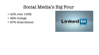 Social Media’s Big Four <ul><li>40% over 100K </li></ul><ul><li>48% College </li></ul><ul><li>27% Grad School </li></ul>