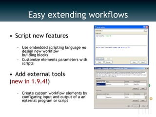 Create new shell command from workflowUse your own workflow as a stand alone command line toolExample: ugene align --in=file1.aln –-out=file2.aliWhere‘align’ is the name of the workflow‘--in’ and ‘--out’ are cmd-line aliases for workflow parametersReusing workflows