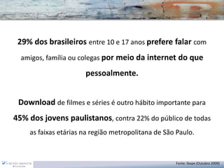 29% dos brasileiros entre 10 e 17 anos prefere falar com amigos, família ou colegas por meio da internet do que pessoalmente. 
Download de filmes e séries é outro hábito importante para 45% dos jovens paulistanos, contra 22% do público de todas as faixas etárias na região metropolitana de São Paulo. 
Fonte: Ibope (Outubro 2009)  