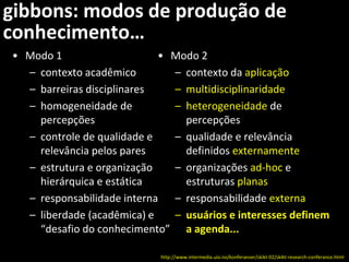 gibbons: modos de produção de conhecimento… 
•Modo 1 
–contexto acadêmico 
–barreiras disciplinares 
–homogeneidade de percepções 
–controle de qualidade e relevância pelos pares 
–estrutura e organização hierárquica e estática 
–responsabilidade interna 
–liberdade (acadêmica) e “desafio do conhecimento” 
•Modo 2 
–contexto daaplicação 
–multidisciplinaridade 
–heterogeneidadede percepções 
–qualidade e relevância definidosexternamente 
–organizaçõesad-hoce estruturasplanas 
–responsabilidadeexterna 
–usuários e interesses definem a agenda... 
http://www.intermedia.uio.no/konferanser/skikt-02/skikt-research-conferance.html  