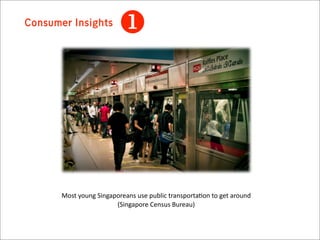Consumer Insights
                            




       Most  young  Singaporeans  use  public  transporta3on  to  get  around  
                          (Singapore  Census  Bureau)
 