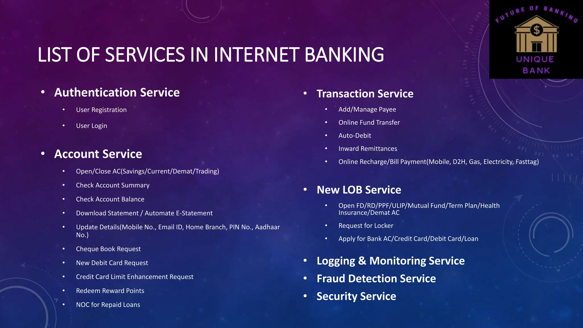 LIST OF SERVICES IN INTERNET BANKING
• Authentication Service
• User Registration
• User Login
• Account Service
• Open/Close AC(Savings/Current/Demat/Trading)
• Check Account Summary
• Check Account Balance
• Download Statement / Automate E-Statement
• Update Details(Mobile No., Email ID, Home Branch, PIN No., Aadhaar
No.)
• Cheque Book Request
• New Debit Card Request
• Credit Card Limit Enhancement Request
• Redeem Reward Points
• NOC for Repaid Loans
• Transaction Service
• Add/Manage Payee
• Online Fund Transfer
• Auto-Debit
• Inward Remittances
• Online Recharge/Bill Payment(Mobile, D2H, Gas, Electricity, Fasttag)
• New LOB Service
• Open FD/RD/PPF/ULIP/Mutual Fund/Term Plan/Health
Insurance/Demat AC
• Request for Locker
• Apply for Bank AC/Credit Card/Debit Card/Loan
• Logging & Monitoring Service
• Fraud Detection Service
• Security Service
 