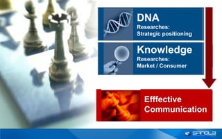 DNA
Researches:
Strategic positioning


Knowledge
Researches:
Market / Consumer




  Efffective
  Communication
 
