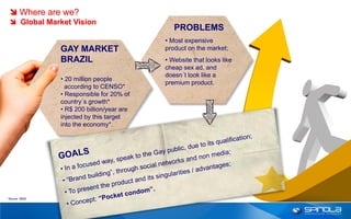  Where are we?
   Global Market Vision
                                                PROBLEMS
                                             • Most expensive
                 GAY MARKET                  product on the market;
                 BRAZIL                      • Website that looks like
                                             cheap sex ad, and
                                             doesn´t look like a
                 • 20 million people
                                             premium product.
                   according to CENSO*
                 • Responsible for 20% of
                 country´s growth*
                 • R$ 200 billion/year are
                 injected by this target
                 into the economy*.




* Source: IBGE
 