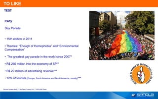 TO LIKE
 TEST


  Party

  Gay Parade


  • 15th edition in 2011

  • Themes: “Enough of Homophobia” and “Environmental
  Compensation”

  • The greatest gay parade in the world since 2007*

  • R$ 260 million into the economy of SP**

  • R$ 20 million of advertising revenue***

  • 12% of tourists (Europe, South America and North Amercia, mostly)***


*Source: Guiness Book / ** São Paulo Turismo S/A / ***APOLGBT Press
 