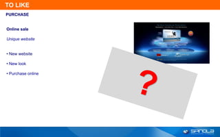 TO LIKE
PURCHASE


Online sale

Unique website


• New website

• New look

• Purchase online
 