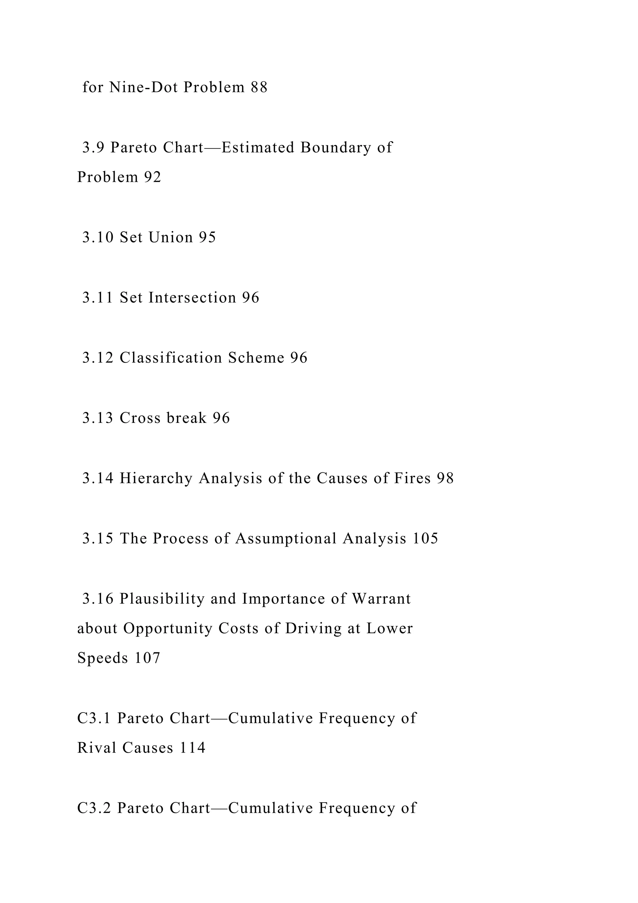 for Nine-Dot Problem 88
3.9 Pareto Chart—Estimated Boundary of
Problem 92
3.10 Set Union 95
3.11 Set Intersection 96
3.12 Classification Scheme 96
3.13 Cross break 96
3.14 Hierarchy Analysis of the Causes of Fires 98
3.15 The Process of Assumptional Analysis 105
3.16 Plausibility and Importance of Warrant
about Opportunity Costs of Driving at Lower
Speeds 107
C3.1 Pareto Chart—Cumulative Frequency of
Rival Causes 114
C3.2 Pareto Chart—Cumulative Frequency of
 