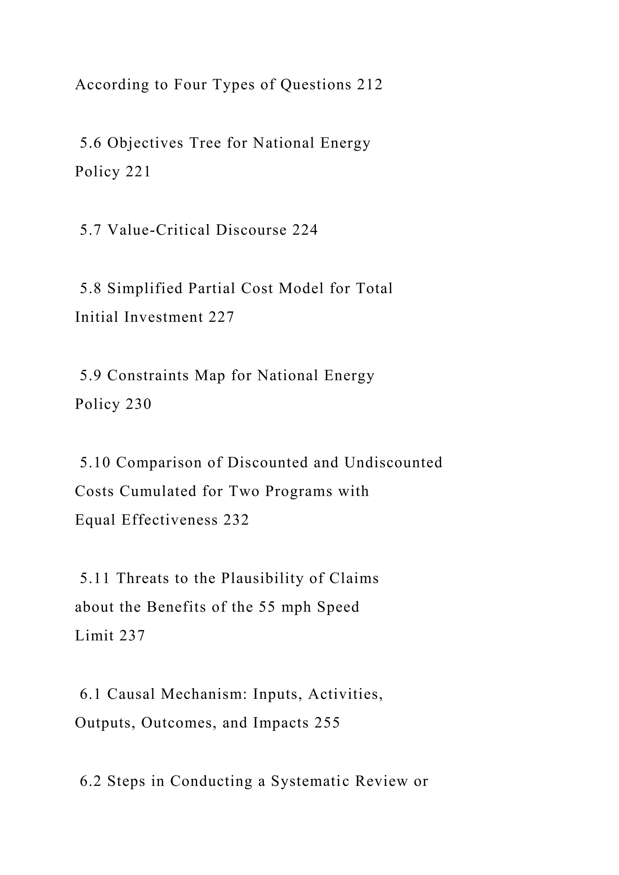 According to Four Types of Questions 212
5.6 Objectives Tree for National Energy
Policy 221
5.7 Value-Critical Discourse 224
5.8 Simplified Partial Cost Model for Total
Initial Investment 227
5.9 Constraints Map for National Energy
Policy 230
5.10 Comparison of Discounted and Undiscounted
Costs Cumulated for Two Programs with
Equal Effectiveness 232
5.11 Threats to the Plausibility of Claims
about the Benefits of the 55 mph Speed
Limit 237
6.1 Causal Mechanism: Inputs, Activities,
Outputs, Outcomes, and Impacts 255
6.2 Steps in Conducting a Systematic Review or
 