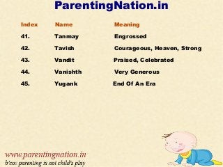 ParentingNation.in
Index Name Meaning
41. Tanmay Engrossed
42. Tavish Courageous, Heaven, Strong
43. Vandit Praised, Celebrated
44. Vanishth Very Generous
45. Yugank End Of An Era
 