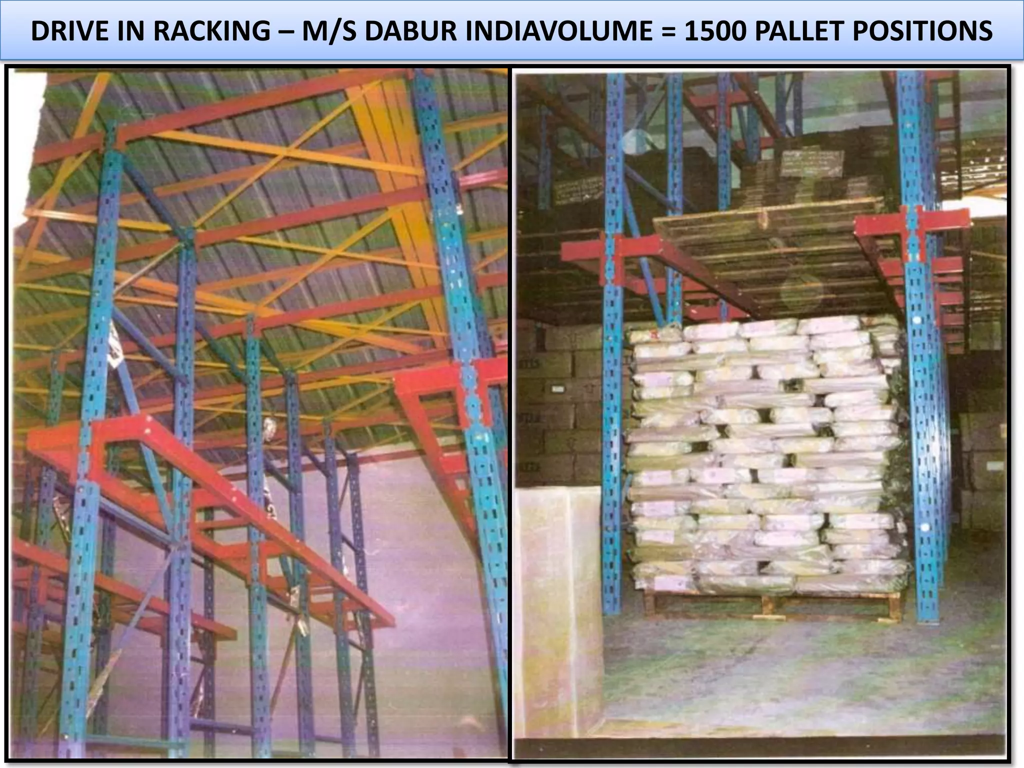 DRIVE IN RACKING – M/S DABUR INDIAVOLUME = 1500 PALLET POSITIONS

 
