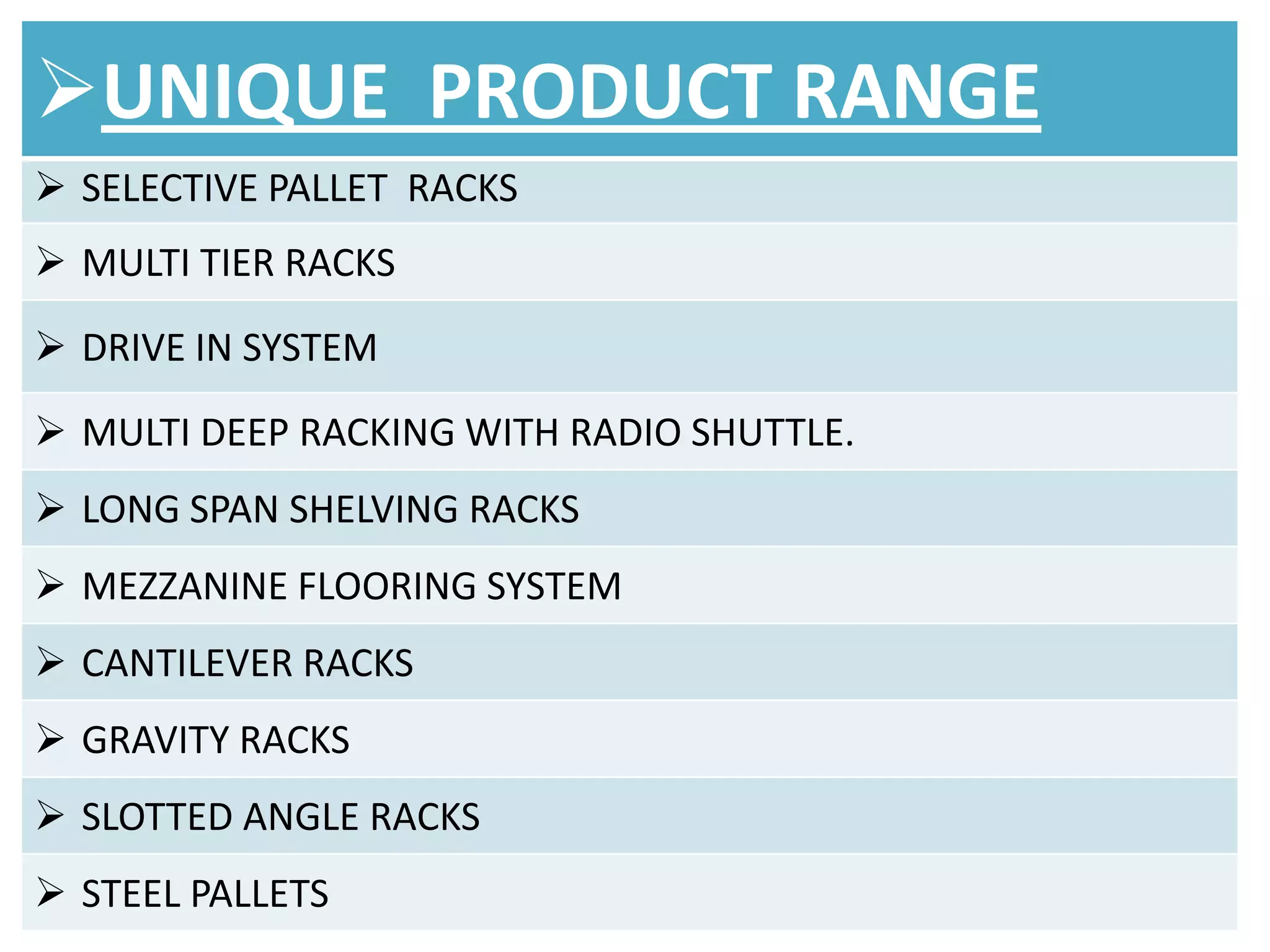 UNIQUE PRODUCT RANGE
 SELECTIVE PALLET RACKS
 MULTI TIER RACKS
 DRIVE IN SYSTEM

 MULTI DEEP RACKING WITH RADIO SHUTTLE.
 LONG SPAN SHELVING RACKS
 MEZZANINE FLOORING SYSTEM
 CANTILEVER RACKS
 GRAVITY RACKS
 SLOTTED ANGLE RACKS
 STEEL PALLETS

 