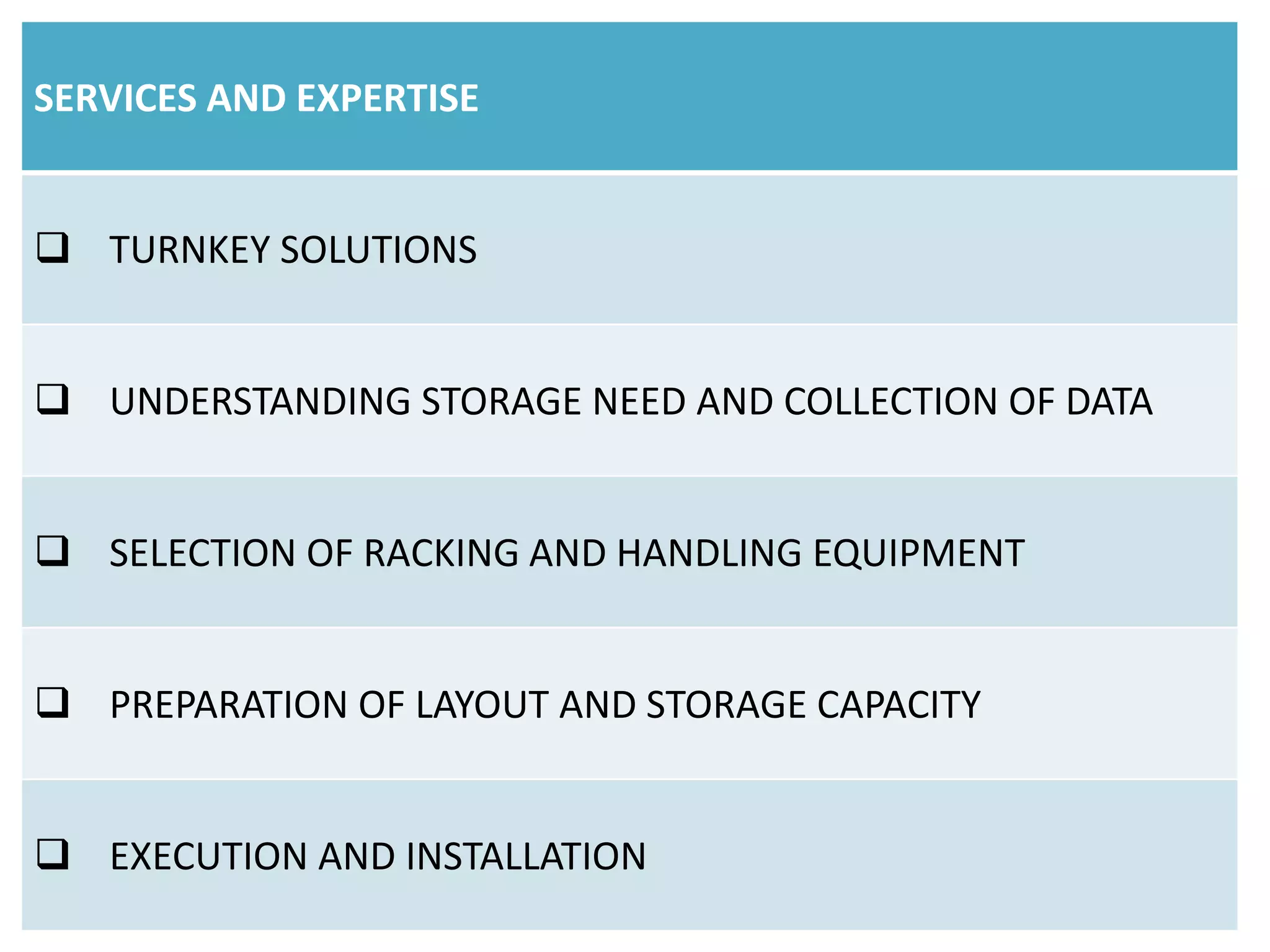 SERVICES AND EXPERTISE
 TURNKEY SOLUTIONS
 UNDERSTANDING STORAGE NEED AND COLLECTION OF DATA
 SELECTION OF RACKING AND HANDLING EQUIPMENT
 PREPARATION OF LAYOUT AND STORAGE CAPACITY
 EXECUTION AND INSTALLATION

 