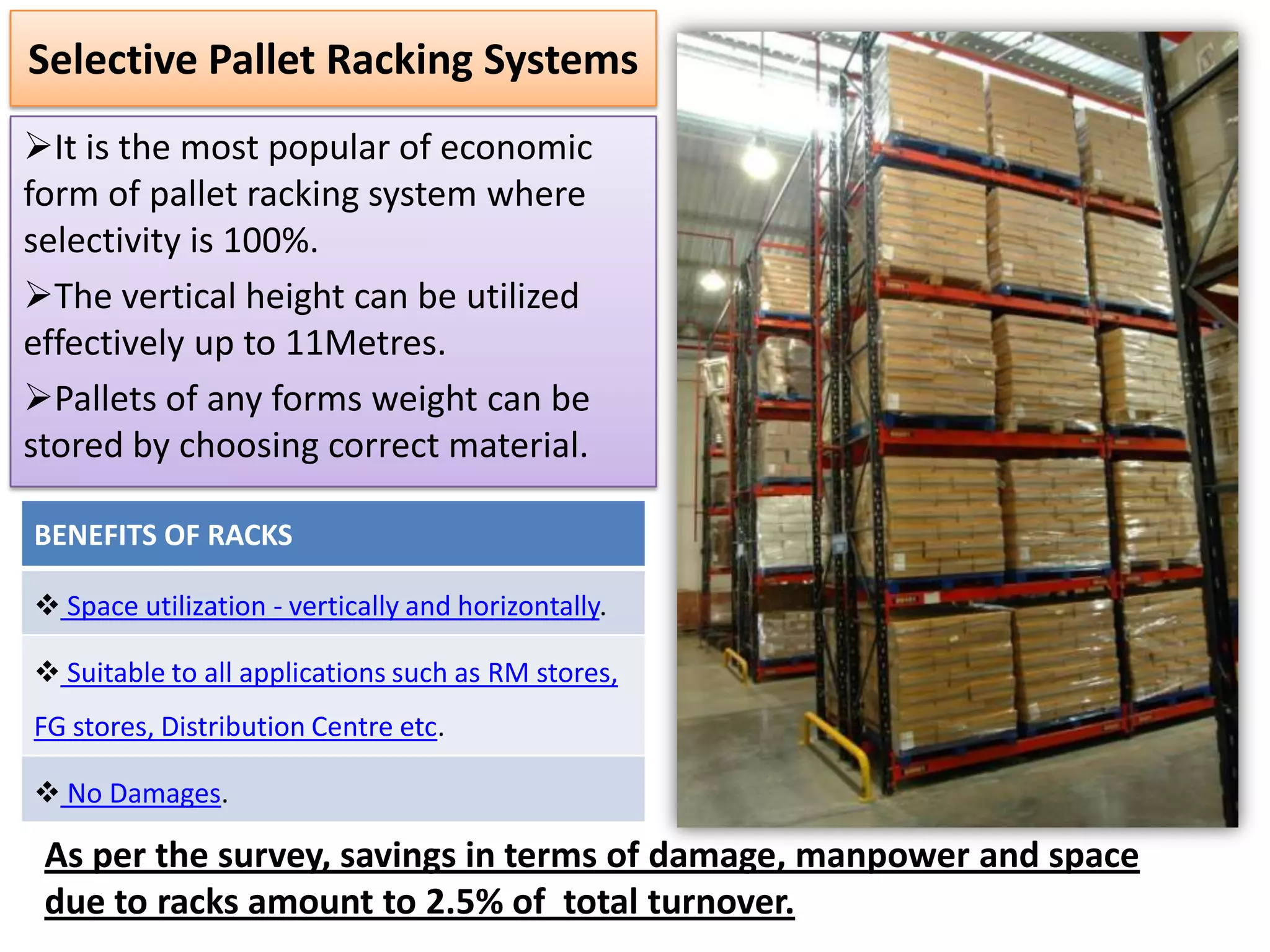 Selective Pallet Racking Systems
It is the most popular of economic
form of pallet racking system where
selectivity is 100%.
The vertical height can be utilized
effectively up to 11Metres.
Pallets of any forms weight can be
stored by choosing correct material.
BENEFITS OF RACKS
 Space utilization - vertically and horizontally.
 Suitable to all applications such as RM stores,
FG stores, Distribution Centre etc.
 No Damages.

As per the survey, savings in terms of damage, manpower and space
due to racks amount to 2.5% of total turnover.

 