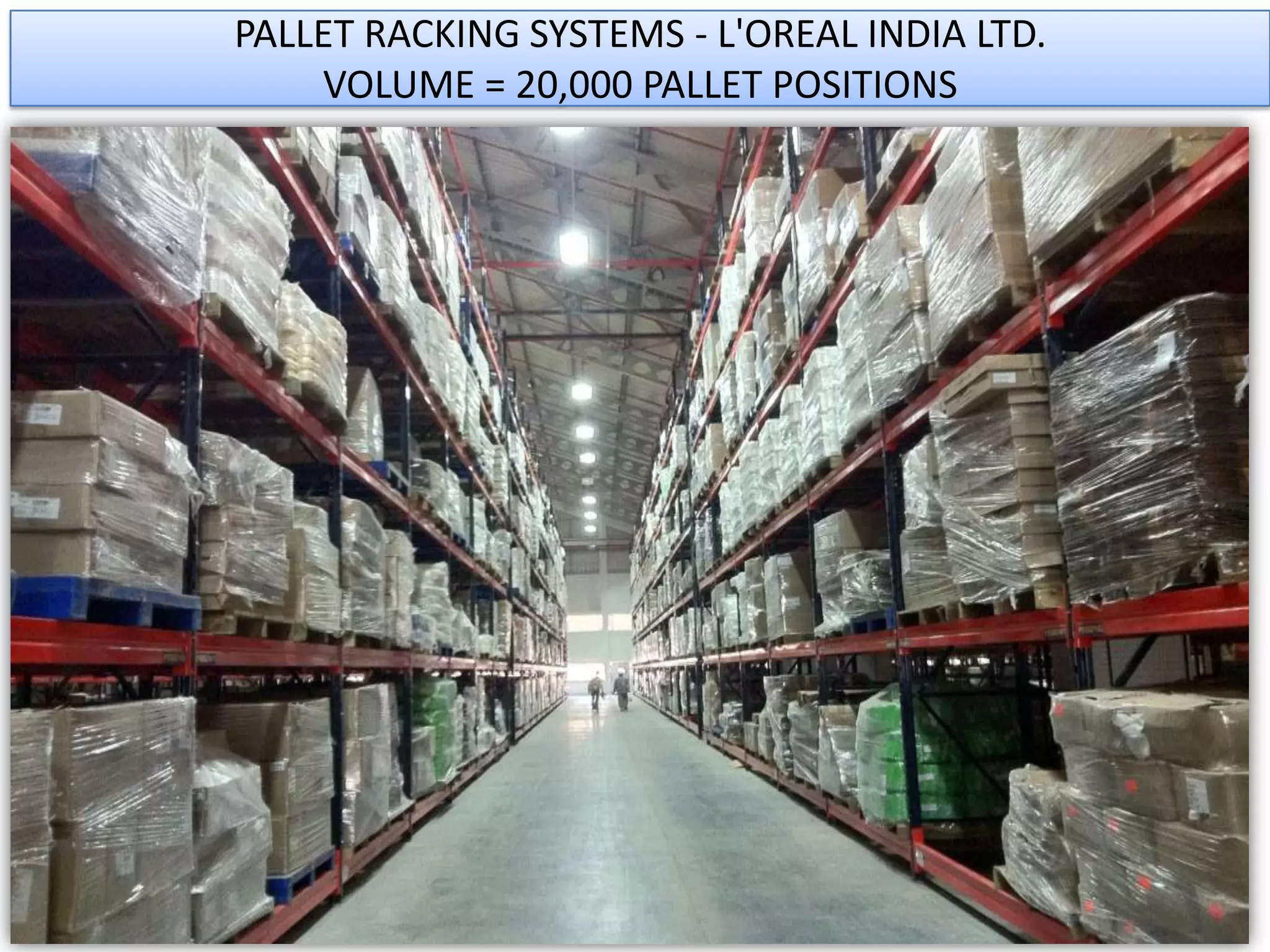 PALLET RACKING SYSTEMS - L'OREAL INDIA LTD.
VOLUME = 20,000 PALLET POSITIONS

 