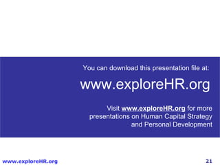 21www.exploreHR.org
You can download this presentation file at:
www.exploreHR.org
Visit www.exploreHR.org for more
presentations on Human Capital Strategy
and Personal Development
 
