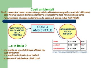Costi ambientali
Costi connessi al danno economico apportato all’ambiente acquatico e ad altri utilizzatoriCosti connessi al danno economico apportato all’ambiente acquatico e ad altri utilizzatori
della risorsa causato dall’uso alternativo e competitivo della risorsa stessa comedella risorsa causato dall’uso alternativo e competitivo della risorsa stessa come
l’emungimento di acque sotterranee o lo scarico di acque reflue (WATECO)l’emungimento di acque sotterranee o lo scarico di acque reflue (WATECO)
INEFFICIENTE
ALLOCAZIONE
DELLA
RISORSA
INQUINAMENTO
DELLA
RISORSA
COSTO
AMBIENTALE
€/m3
0.16 – 0.24eutrofizzazione
€/m3
0.063 – 0.072pesticidi
€/m3
0.29 – 0.34nitrati
STIMA PRELIMINARE EFFETTUATA IN FRANCIA
...e in Italia ?
• non esiste ne una definizione ufficiale deinon esiste ne una definizione ufficiale dei
costi ambientalicosti ambientali
• non esistono indicazioni sui metodinon esistono indicazioni sui metodi
economici di valutazione di tali costieconomici di valutazione di tali costi
 