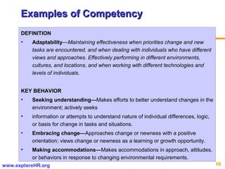10www.exploreHR.org
Examples of CompetencyExamples of Competency
DEFINITION
• Adaptability—Maintaining effectiveness when priorities change and new
tasks are encountered, and when dealing with individuals who have different
views and approaches. Effectively performing in different environments,
cultures, and locations, and when working with different technologies and
levels of individuals.
KEY BEHAVIOR
• Seeking understanding—Makes efforts to better understand changes in the
environment; actively seeks
• information or attempts to understand nature of individual differences, logic,
or basis for change in tasks and situations.
• Embracing change—Approaches change or newness with a positive
orientation; views change or newness as a learning or growth opportunity.
• Making accommodations—Makes accommodations in approach, attitudes,
or behaviors in response to changing environmental requirements.
 