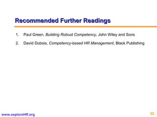 52www.exploreHR.org
Recommended Further ReadingsRecommended Further Readings
1. Paul Green, Building Robust Competency, John Wiley and Sons
2. David Dubois, Competency-based HR Management, Black Publishing
 