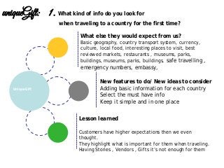 Lesson learned
Customers have higher expectations then we even
thought.
They highlight what is important for them when traveling.
Having Stories , Vendors , Gifts it’s not enough for them
New features to do/ New ideas to consider
Adding basic information for each country
Select the must have info
Keep it simple and in one place
UniqueGift
uniqueGift: 1. What kind of info do you look for
when traveling to a country for the first time?
What else they would expect from us?
Basic geography, country transport system, currency,
culture, local food, interesting places to visit, best
reviewed markets, restaurants , museums, parks,
buildings, museums, parks, buildings, safe travelling ,
emergency numbers, embassy,
 
