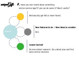 Lesson learned
Do more detail research. Do a detail plan and find
some similar solutions
New features to do / New ideas to consider
N/AUniqueGift
uniqueGift: 9. Have you ever heard about something
similar service/app? If yes can do name it? Was it useful?
We basically get NO or never heard.
 