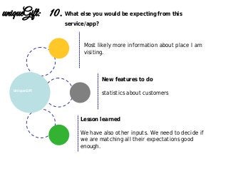 Lesson learned
We have also other inputs. We need to decide if
we are matching all their expectations good
enough.
New features to do
statistics about customersUniqueGift
uniqueGift: 10. What else you would be expecting from this
service/app?
Most likely more information about place I am
visiting.
 