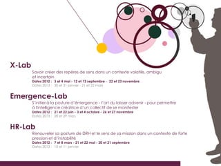 X-Lab
        Savoir créer des repères de sens dans un contexte volatile, ambigu
        et incertain
        Dates 2012 : 3 et 4 mai - 12 et 13 septembre - 22 et 23 novembre
        Dates 2013 : 30 et 31 janvier - 21 et 22 mars


Emergence-Lab
        S’initier à la posture d’émergence - l’art du laisser advenir - pour permettre
        à l'intelligence créatrice d’un collectif de se manifester
        Dates 2012 : 21 et 22 juin - 3 et 4 octobre - 26 et 27 novembre
        Dates 2013 : 28 et 29 mars


HR-Lab
        Renouveler sa posture de DRH et le sens de sa mission dans un contexte de forte
        pression et d’instabilité
        Dates 2012 : 7 et 8 mars - 21 et 22 mai - 20 et 21 septembre
        Dates 2013 : 10 et 11 janvier
 