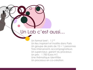Un Lab c’est aussi…
    Un format bref : 1 j1/2
    Un lieu inspirant et insolite dans Paris
    Un groupe de pairs de 15 + 1 personnes
    Trois intervenants accompagnateurs
    Un superviseur, garant du processus
    Un prix : 1 700 Euros H.T.
    Une thématique identifiée
    Un processus en co-création
 