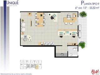 PLANTA TIPO 9
                                                            6º ao 15º - 55,32 m²




Material preliminar de uso interno. Sujeito a alterações.
 