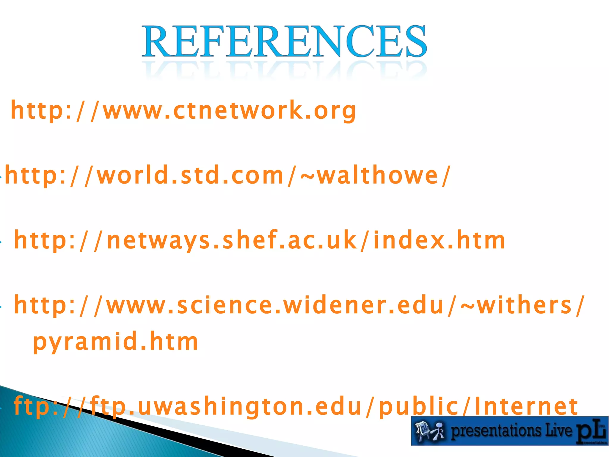http://www.ctnetwork.org http://world.std.com/~walthowe/ http://netways.shef.ac.uk/index.htm http://www.science.widener.edu/~withers/      pyramid.htm ftp://ftp.uwashington.edu/public/Internet 