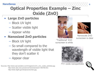 Optical Properties Example – Zinc Oxide (ZnO) Large ZnO particles  Block UV light Scatter visible light  Appear white Nanosized ZnO particles Block UV light So small compared to the wavelength of visible light that they don’t scatter it  Appear clear “ Traditional” ZnO sunscreen is white Zinc oxide nanoparticles Nanoscale ZnO sunscreen is clear Sources: http://www.apt powders.com/images/zno/im_zinc_oxide_particles.jpg http://www.abc.net.au/science/news/stories/s1165709.htm http://www.4girls.gov/body/sunscreen.jpg 