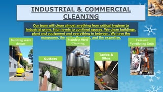 Our team will clean almost anything from critical hygiene to
Industrial grime, high levels to confined spaces. We clean buildings,
plant and equipment and everything in between. We have the
manpower, the skills, the plant, and the expertise.
Building wash
downs
Gutters
Fans and
Ventilating Units
Stainless Steel
Cleaning
Tanks &
Silos
 