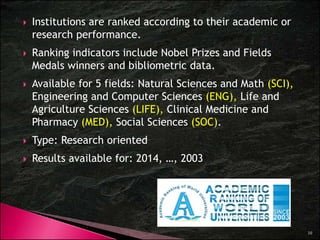  Institutions are ranked according to their academic or 
research performance. 
 Ranking indicators include Nobel Prizes and Fields 
Medals winners and bibliometric data. 
 Available for 5 fields: Natural Sciences and Math (SCI), 
Engineering and Computer Sciences (ENG), Life and 
Agriculture Sciences (LIFE), Clinical Medicine and 
Pharmacy (MED), Social Sciences (SOC). 
 Type: Research oriented 
 Results available for: 2014, …, 2003 
10 
 