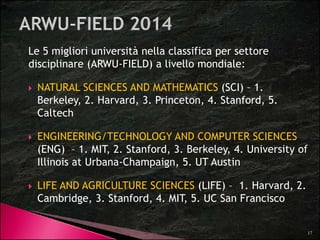 Le 5 migliori università nella classifica per settore 
disciplinare (ARWU-FIELD) a livello mondiale: 
 NATURAL SCIENCES AND MATHEMATICS (SCI) – 1. 
Berkeley, 2. Harvard, 3. Princeton, 4. Stanford, 5. 
Caltech 
 ENGINEERING/TECHNOLOGY AND COMPUTER SCIENCES 
(ENG) – 1. MIT, 2. Stanford, 3. Berkeley, 4. University of 
Illinois at Urbana-Champaign, 5. UT Austin 
 LIFE AND AGRICULTURE SCIENCES (LIFE) – 1. Harvard, 2. 
Cambridge, 3. Stanford, 4. MIT, 5. UC San Francisco 
17 
 