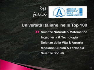 by 
field 
Scienze Naturali & Matematica 
Ingegneria & Tecnologia 
Scienze della Vita & Agraria 
Medicina Clinica & Farmacia 
Scienze Sociali 
30 
 