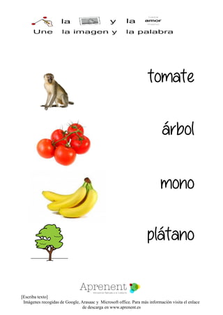 [Escriba texto]
Imágenes recogidas de Google, Arasaac y Microsoft office. Para más información visita el enlace
de descarga en www.aprenent.es
tomate
árbol
mono
plátano
 