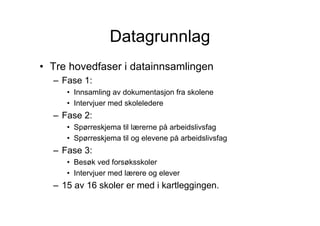 Datagrunnlag
• Tre hovedfaser i datainnsamlingen
  – Fase 1:
     • Innsamling av dokumentasjon fra skolene
     • Intervjuer med skoleledere
  – Fase 2:
     • Spørreskjema til lærerne på arbeidslivsfag
     • Spørreskjema til og elevene på arbeidslivsfag
  – Fase 3:
     • Besøk ved forsøksskoler
     • Intervjuer med lærere og elever
  – 15 av 16 skoler er med i kartleggingen.
 