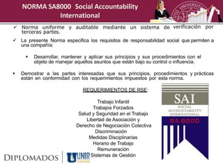 NORMA SA8000 Social Accountability
             International
 Norma uniforme y auditable mediante un sistema de verificación por
  terceras partes.
 La presente Norma especifica los requisitos de responsabilidad social que permiten a
  una compañía:

        Desarrollar, mantener y aplicar sus principios y sus procedimientos con el
         objeto de manejar aquellos asuntos que están bajo su control o influencia.

   Demostrar a las partes interesadas que sus principios, procedimientos y prácticas
    están en conformidad con los requerimientos impuestos por esta norma.

                              REQUERIMIENTOS DE RSE:

                                    Trabajo Infantil
                                  Trabajos Forzados
                            Salud y Seguridad en el Trabajo
                               Libertad de Asociación y
                           Derecho de Negociación Colectiva
                                   Discriminación
                                Medidas Disciplinarias
                                  Horario de Trabajo
                                    Remuneración
                                 Sistemas de Gestión
 