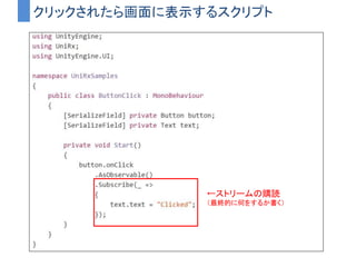 クリックされたら画面に表示するスクリプト
←Unity側が用意しているクリックイベント
 