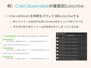 例）Cold Observableの複数回Subscribe
• intervalStreamを時間をズラして3回Subscribeする
– 同じストリームのはずなのにOnNextのタイミングがバラバラ
– それぞれ別々のストリームが生成されてしまっているため
 